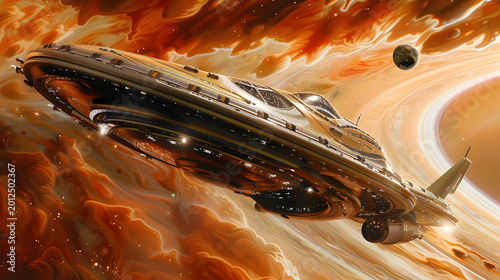 Futuristic spaceship navigating through a swirling orange planetary atmosphere with moons.