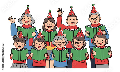 Foto Multi-generational choir singing with songbooks and party hats