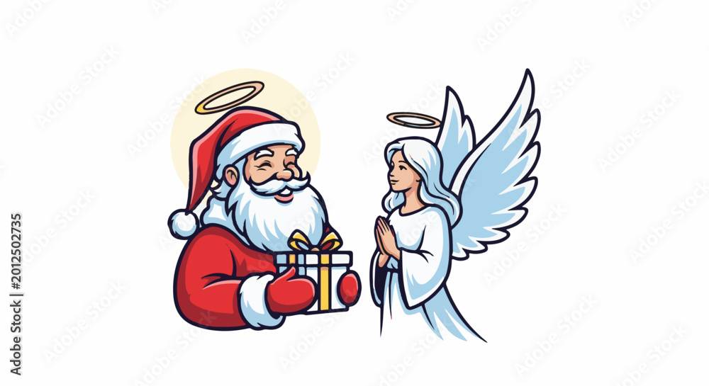 Fototapeta premium Santa Claus with halo giving gift to praying angel with halo