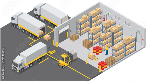 Εκτύπωση καμβά Warehouse logistics isometric design with trucks and loading dock freight