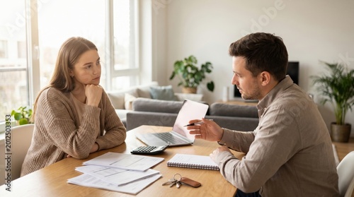 first home buyer loan stress concept. Couple discussing finances with documents and laptop at home dining table.
