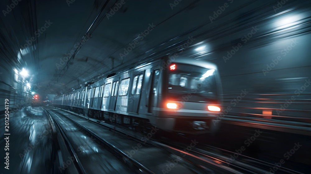 Obraz premium Subway train speeding through a dark tunnel motion blur public transportation concept high-quality