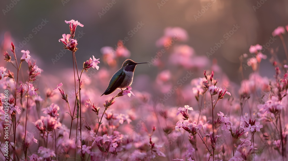 Fototapeta premium Hummingbird perched on a pink wildflower stem in a field soft focus photograph