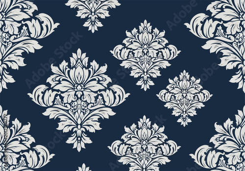 Seamless baroque damask pattern with rich ornamental floral styling