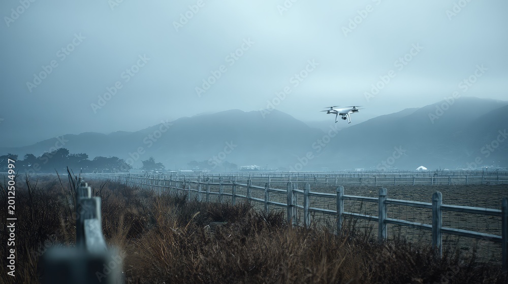 Naklejka premium Drone flying above a remote field, capturing aerial views of the foggy mountain range and wooden fence, symbolizing modern technology interacting with natural environment