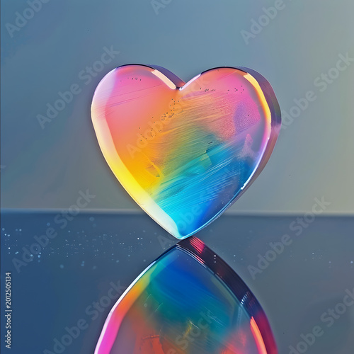 Iridescent heart sculpture on a reflective surface.