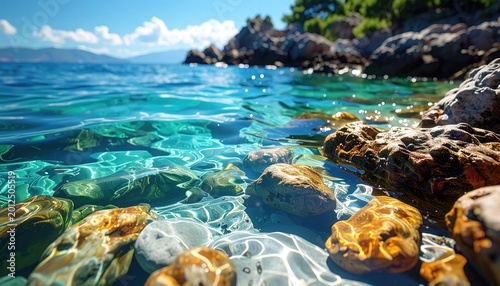 Crystal clear water over stones, with rocky shore