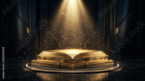 Golden illuminated podium bathed in a radiant spotlight, surrounded by sparkling dust, set against a dark, luxurious background, perfect for showcasing achievements and grand reveals