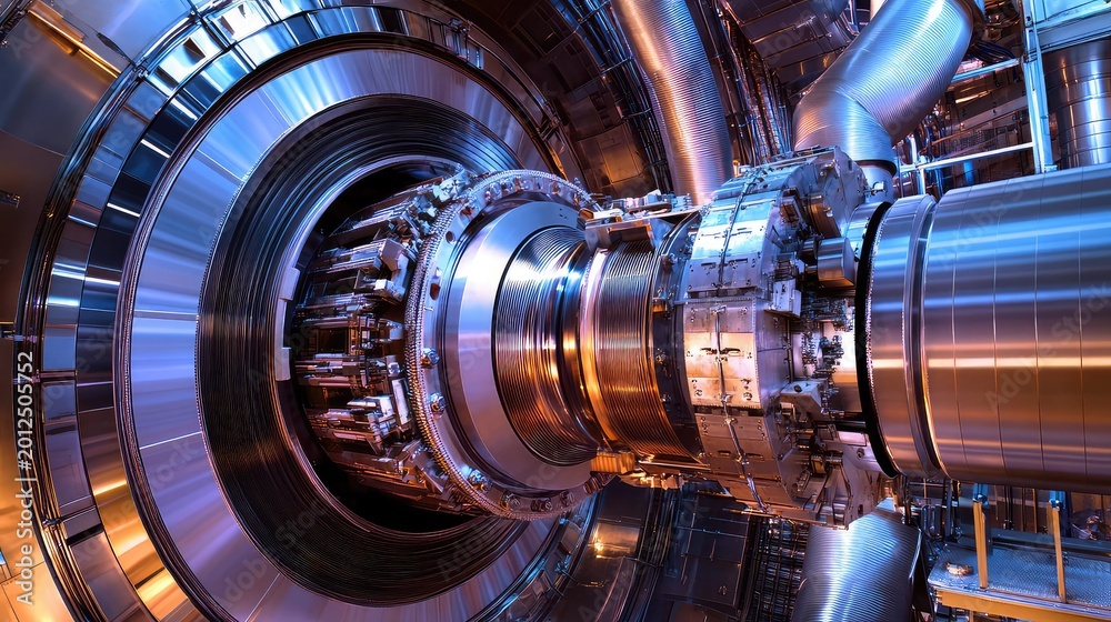 Fototapeta premium Complex mechanical parts and metallic framework forming an advanced scientific instrument, enabling groundbreaking research in subatomic physics and understanding the universe's fundamental forces