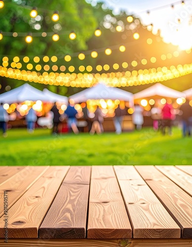 Wooden table over a festive outdoor gathering