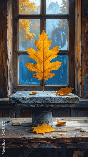 Vivid golden oak leaf against a window, autumnal
