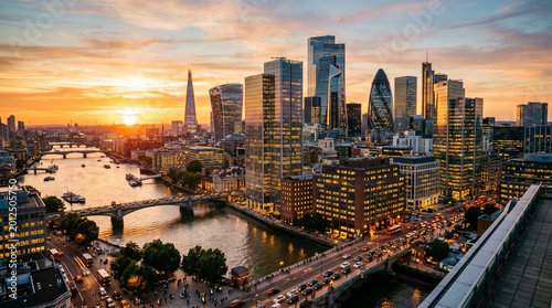 Golden hour sunset over the iconic London cityscape, with the River Thames winding through modern skyscrapers and historic bridges