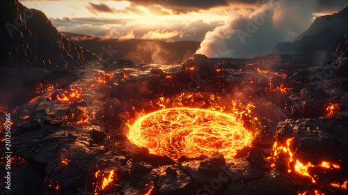 Volcanic eruption at sunset with glowing lava and smoke rising over rugged terrain in dramatic natural light.