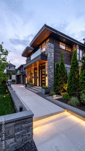 Modern home with stone, wood, and lit walkway
