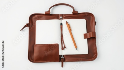 Brown leather laptop bag with notebook and pencil