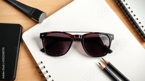 Retro sunglasses resting on open notebook with smartphone and pencil