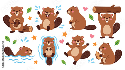 Konstfotografi Cute cartoon beavers busy with wood and playing in water.
