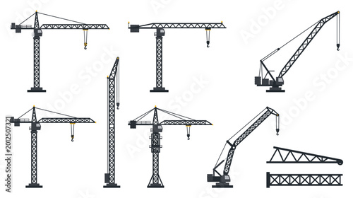 Cuadro en lienzo Construction tower cranes industrial heavy lifting machines set.