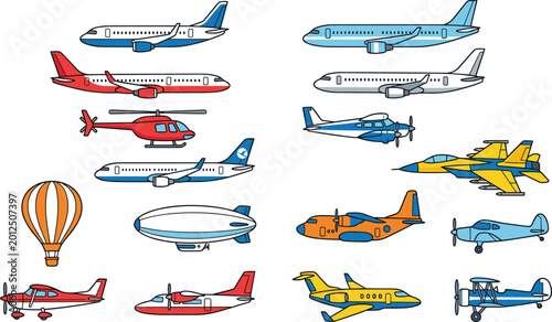 Quadro su tela Collection of various vector aircraft icons including commercial airplanes, helicopters, private jets, biplanes, hot air balloons, and blimps isolated on white background