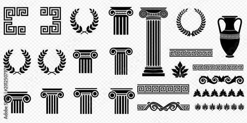 Fotografie Ancient Greek and Roman architectural elements, borders, columns, wreaths, and amphora vector set
