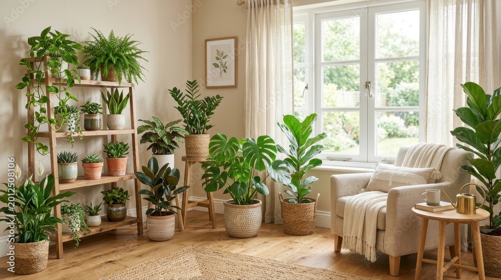 Fototapeta premium Cozy living room filled with lush green houseplants and natural light from the window