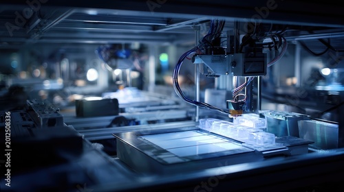 Robotic machine system creating new prototypes and components using precise additive manufacturing processes for a future focused industry within a modern laboratory