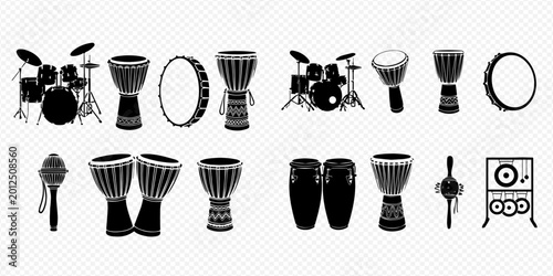 Schilderij op canvas Set of various percussion instruments including drums, tambourines, and shakers in silhouette