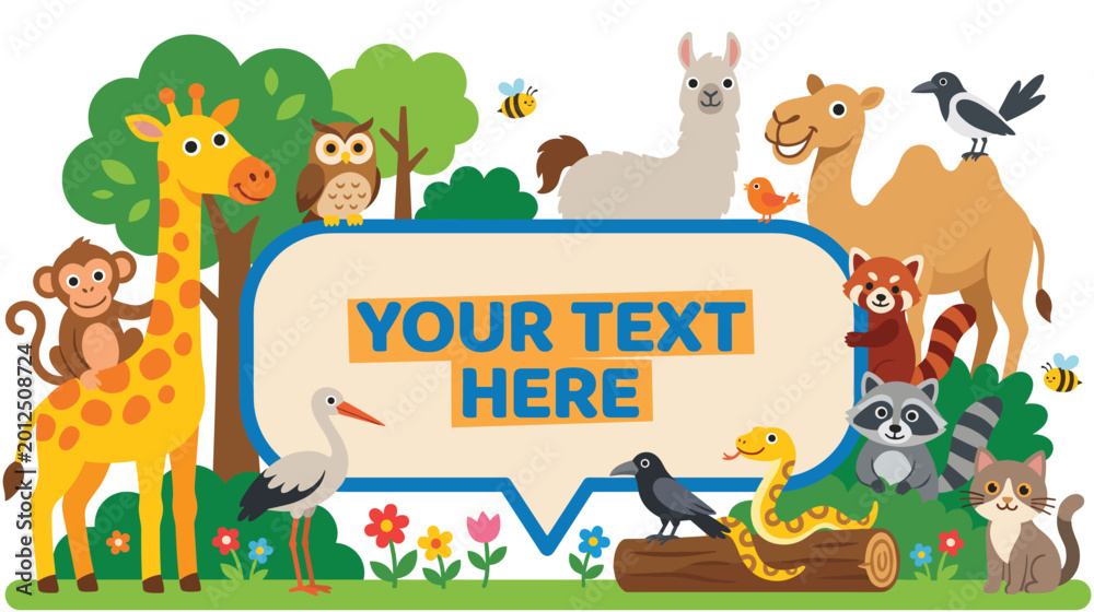 Fototapeta premium Cute cartoon animals around blank speech bubble in green nature park.