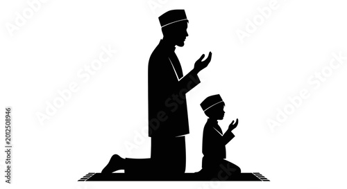 Foto Father and son praying, Muslim family silhouette, Islamic prayer, black icon
