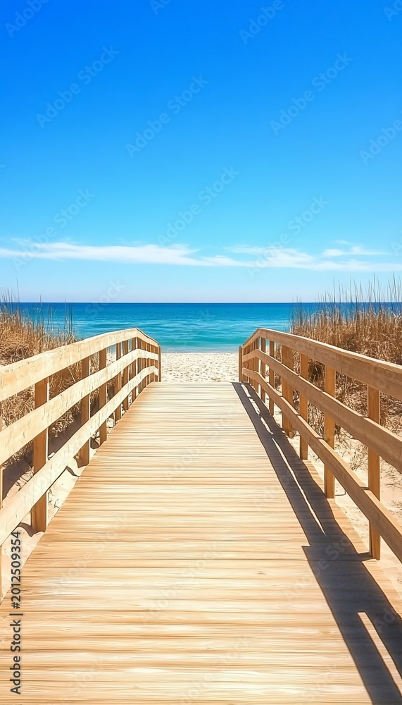 Fototapeta premium Breathtaking Scenic Beach Boardwalk with Coastal Pathway and Stunning Blue Ocean Views for Vacation