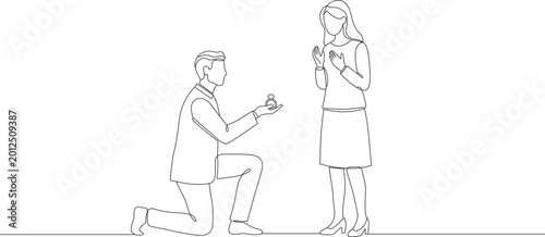 Tableau sur toile Man kneeling and proposing marriage to woman with ring continuous line drawing