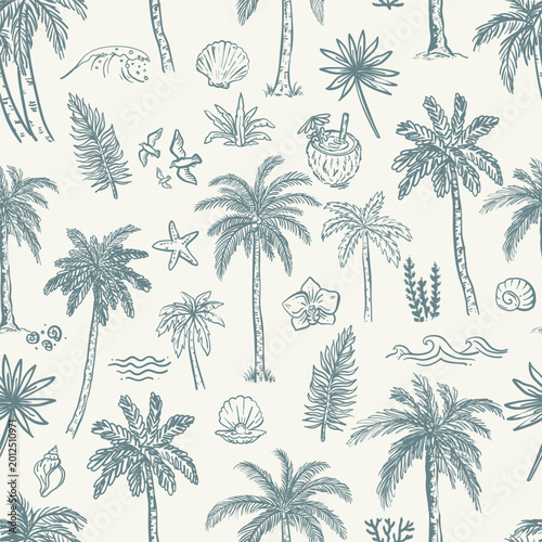 Summer hand-drawn seamless vector pattern with palm trees
