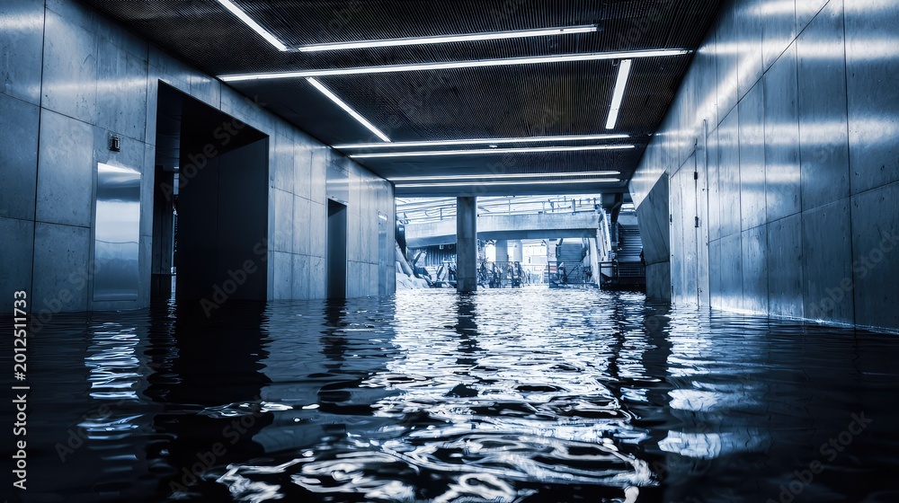 Fototapeta premium Urban underground passage experiencing significant flooding with water reflecting the illuminated ceiling, showcasing a modern concrete structure submerged by high water levels