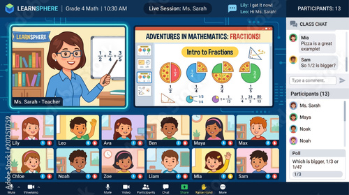 Teacher explaining fractions to elementary students in virtual classroom with digital whiteboard