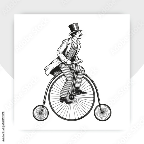 Tableau sur toile Black and white vector illustration of an old fashioned gentleman ride high wheel vintage penny farthing bicycle