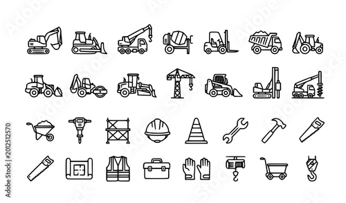 Fotografía Professional construction machinery vector icon set – 30 thin line editable outl