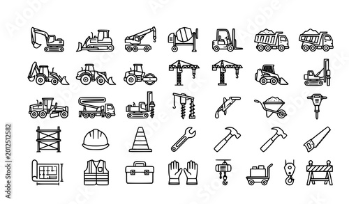 Modern construction machinery thin line icon set – 30 editable vector outline icons for building, safety, and heavy equipment