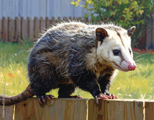 A North American marsupial, standing on a wooden fence, with its body facing right. Background shows a yard and a wooden fence