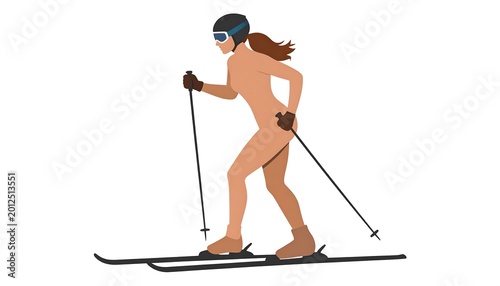 A nude person, wearing ski goggles and a helmet, skis across a white backdrop with ski poles