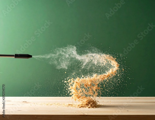 A nozzle expels a white vapor, impacting wooden crumbs on a light wooden surface against a teal green backdrop