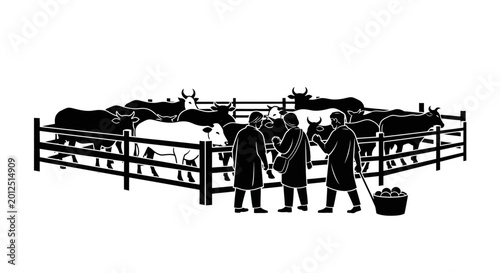 Cuadro en lienzo Farmers, cattle, ranch, livestock, black silhouette, vector icons