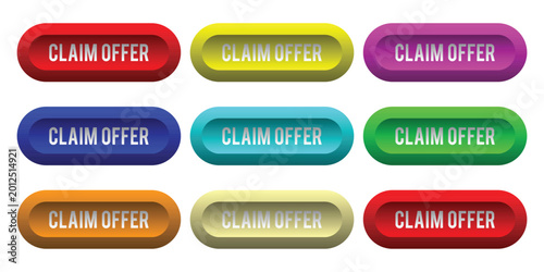 A set of nine colorful claim offer buttons with rounded corners and bold white text on a white background colorful background marketing promotion