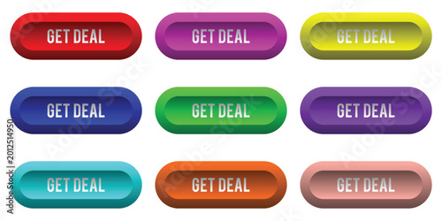 A collection of nine colorful button graphics with the text 'get deal' in various bright colors including red blue green purple yellow, eye catching