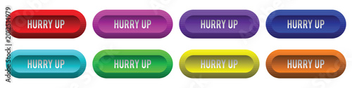A set of nine distinct button designs with the text 'hurry up' in a variety of colors including red blue green purple yellow collection interface