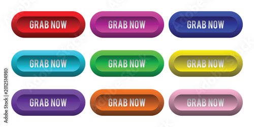 A collection of nine distinct button designs with the text 'grab now' in a variety of colors including red blue green purple yellow, collection