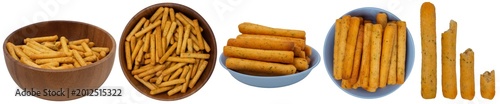 Foto Isolated set of breadsticks in plates on a white background