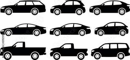 Foto Car Icon Set with Different Vehicle Types, Including SUV, Sedan, Pickup Truck, a