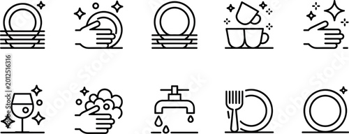 Obraz na plátně Cleaning and Dishware Icon Set with Sparkling Plates, Cups, Glasses, and Washing
