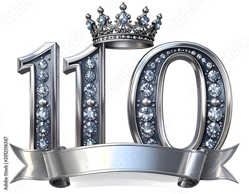 A numeral composition for a momentous anniversary, featuring sparkling gems, a regal crown, and a celebratory ribbon