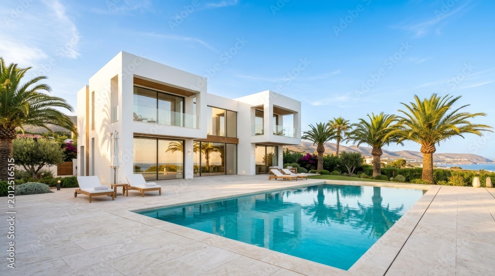 Fototapeta premium Modern White Luxury Villa with Swimming Pool Overlooking the Mediterranean Coast